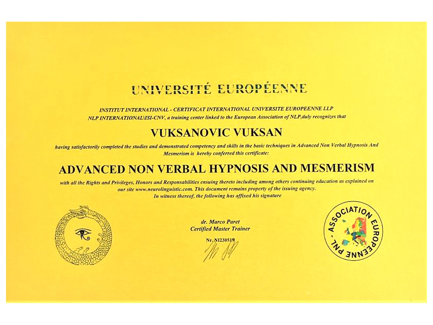 Université Européenne / ISI-CNV – Advanced Non Verbal Hypnosis and Mesmerism